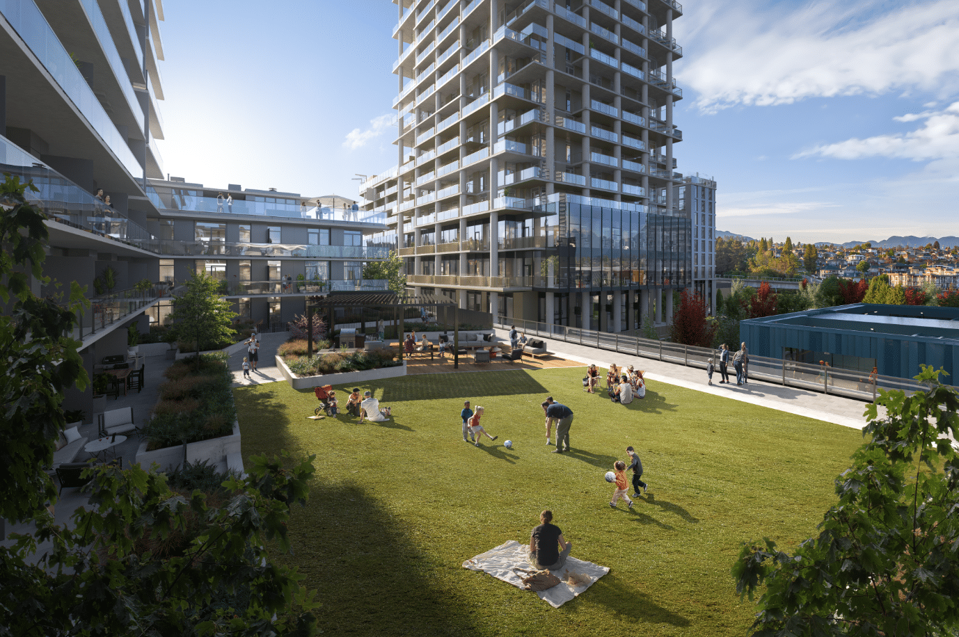 Rendering of Grosvenor's Brentwood new development, with a tall building and green space with lots of people playing in it.