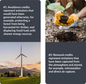 #1: Avoidance credits represent emissions that would have been generated otherwise, for example, protecting a forest from being harvested for timber, and displacing fossil fuels with cleaner energy sources.#2: Removal credits represent emissions that have been captured from the atmosphere and stored, for example, reforestation and direct air capture.