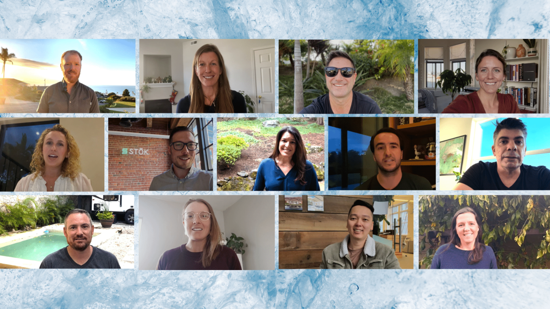Grid of 13 screenshots of smiling Stok team members being filmed for a video.