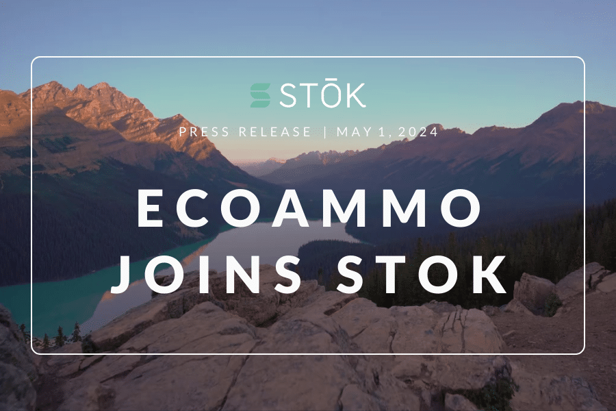 Canadian Rockies with a bright blue lake with Stok logo and text overlaid: "Press Release | May 1, 2024 | EcoAmmo Joins Stok".