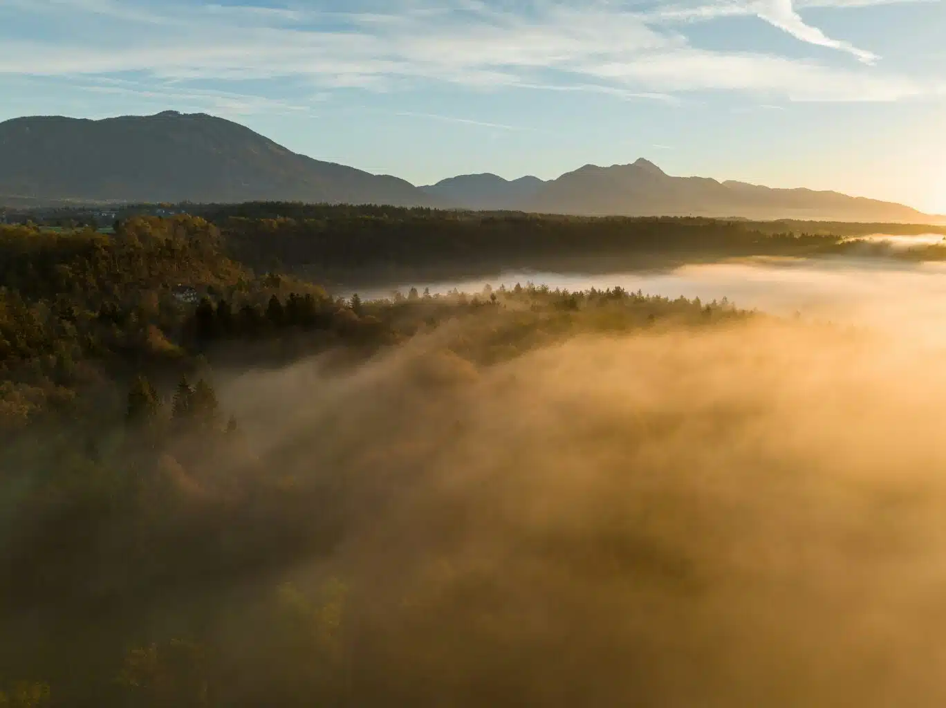 Sunrise over mountain lakes.