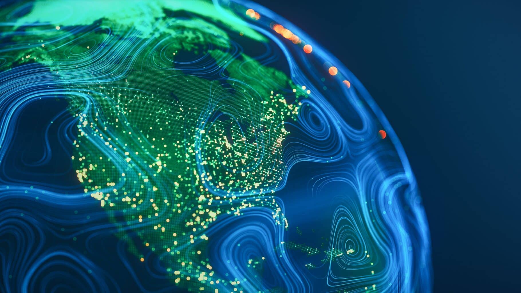 Glowing digital globe with vibrant green and blue colors displays illuminated data points over a dark background, conveying a futuristic, technological feel.